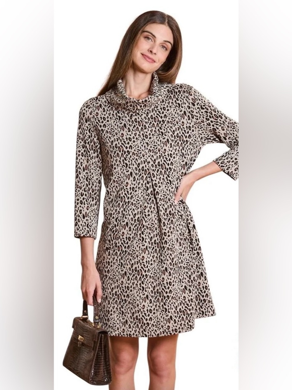 Tyler Boe Kim Knit Cowl Neck Animal Print Dress SZ S Pockets Quiet Luxury Preppy